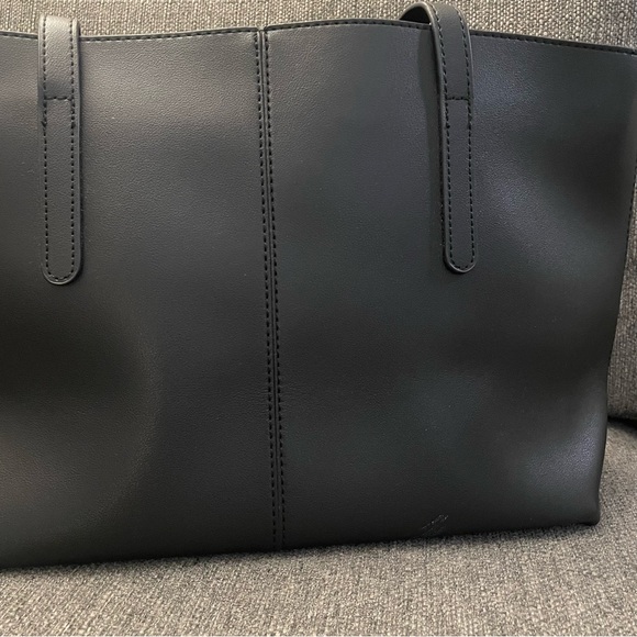 Faux Leather Triple Compartment Tote Bag in black with zippered top closure - Picture 10 of 14